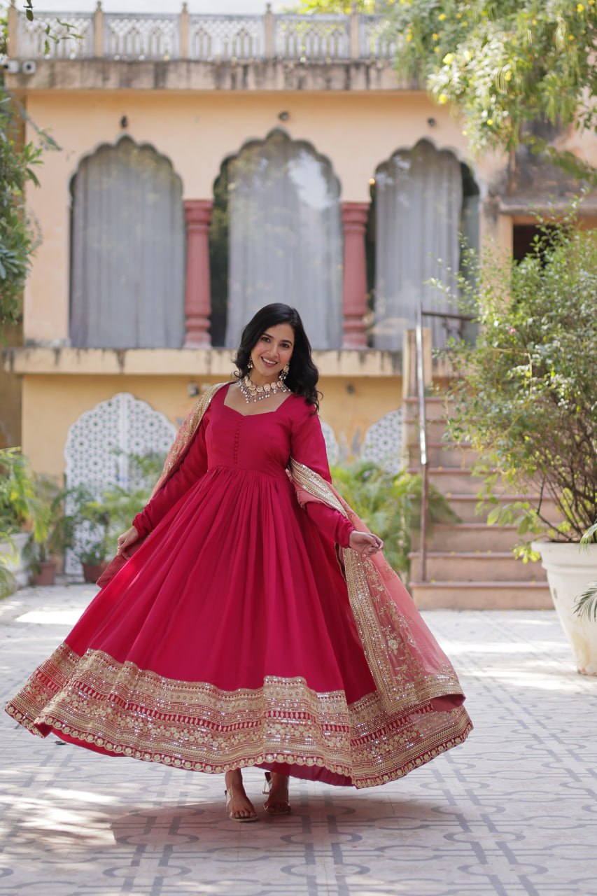 Shimmer Vichitra with Rich Sequins Embroidered work Red Color