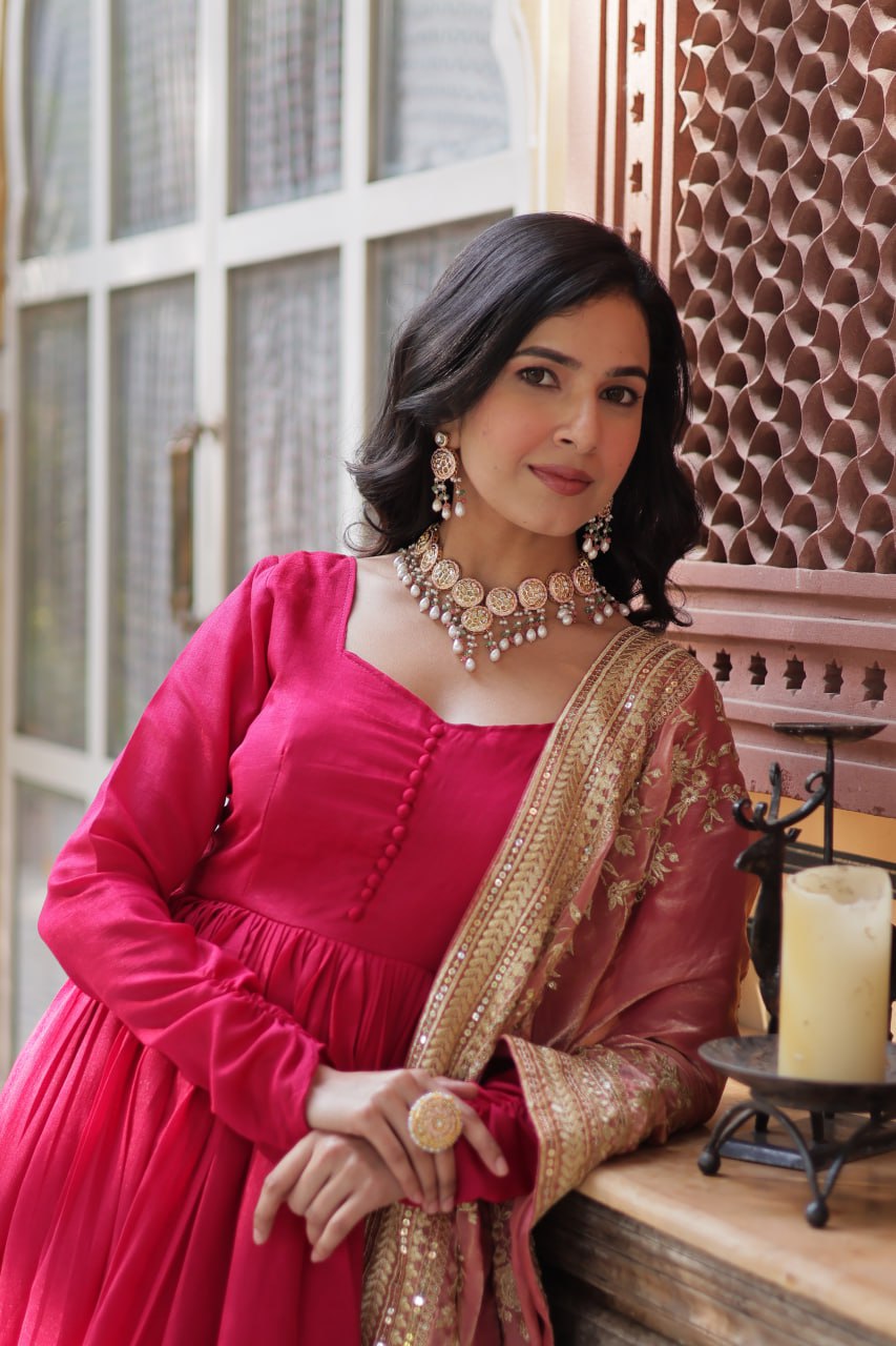 Shimmer Vichitra with Rich Sequins Embroidered work Red Color