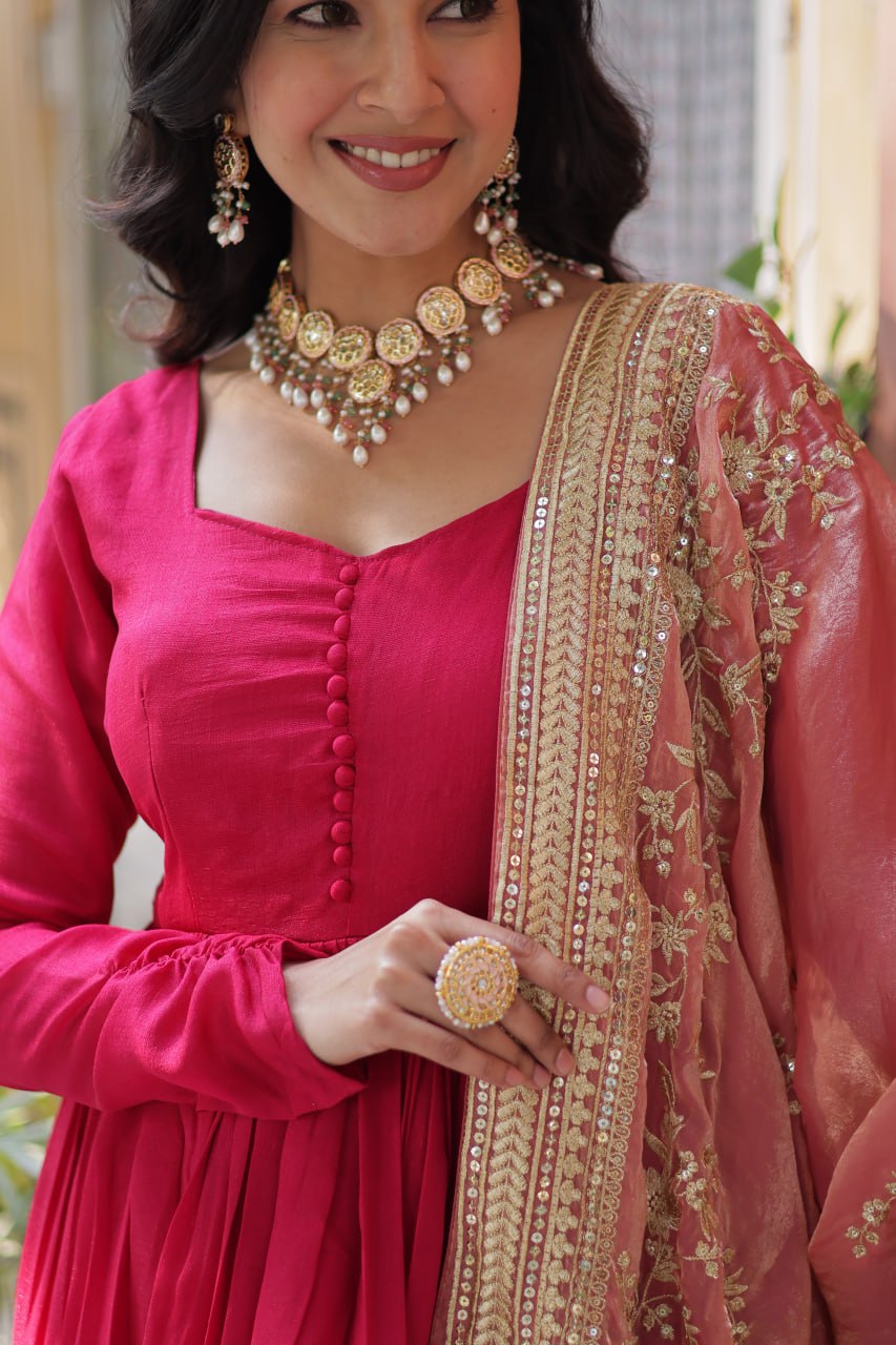 Shimmer Vichitra with Rich Sequins Embroidered work Red Color