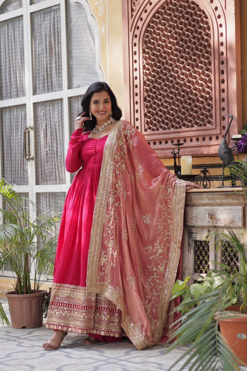 Shimmer Vichitra with Rich Sequins Embroidered work Red Color