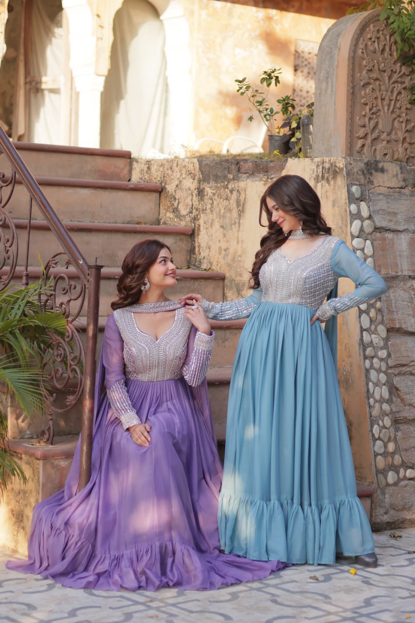 Star Georgette with Embroidery Beads Sequins Pieces
