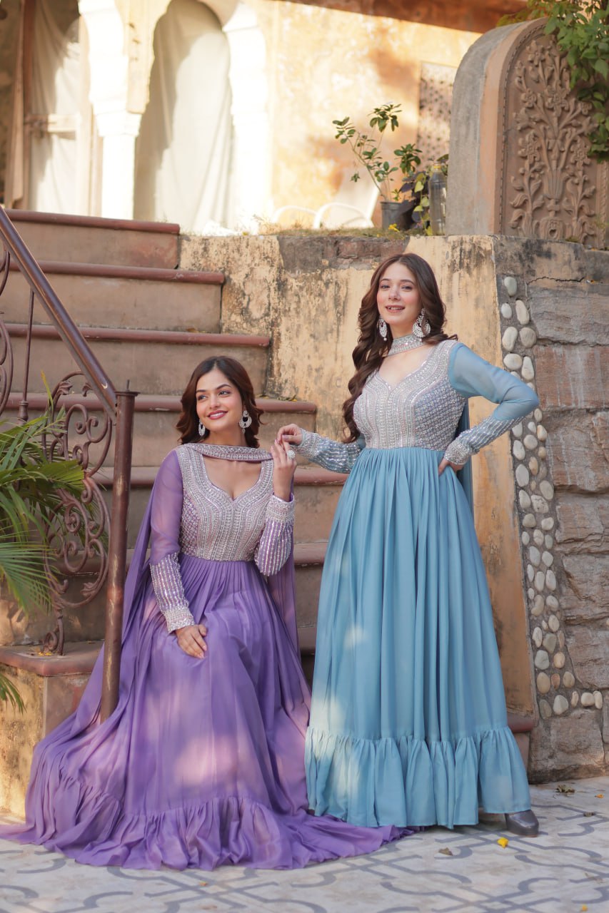 Star Georgette with Embroidery Beads Sequins Pieces