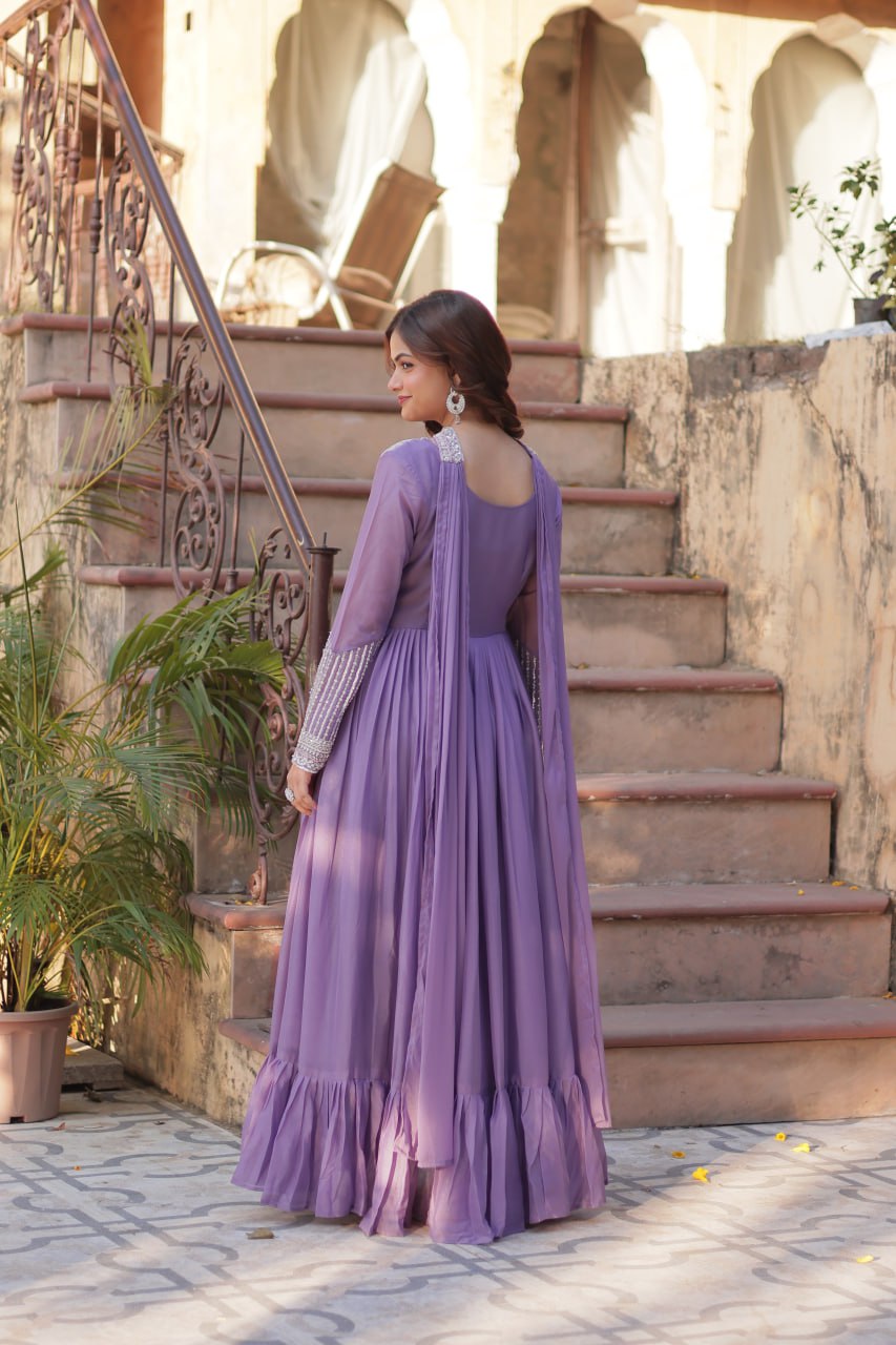 Star Georgette with Embroidery Beads Sequins Pieces Purple Color