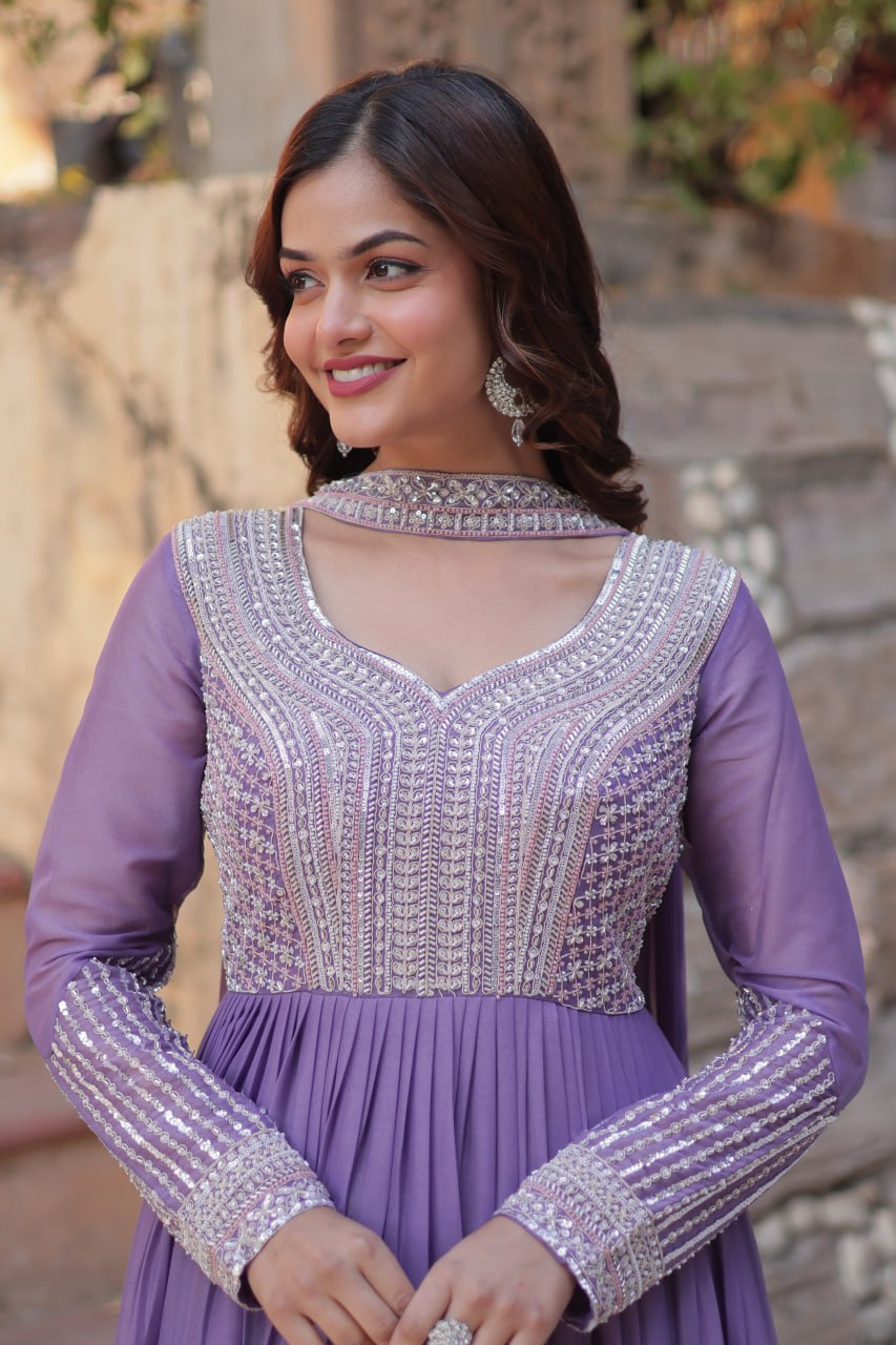 Star Georgette with Embroidery Beads Sequins Pieces Purple Color