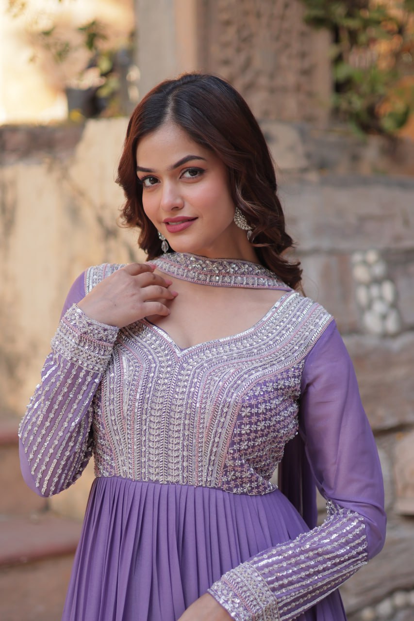 Star Georgette with Embroidery Beads Sequins Pieces Purple Color