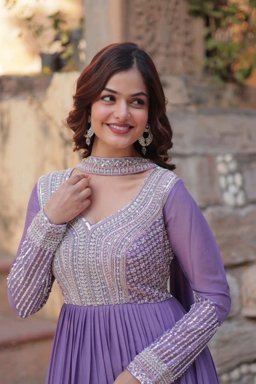 Star Georgette with Embroidery Beads Sequins Pieces Purple Color