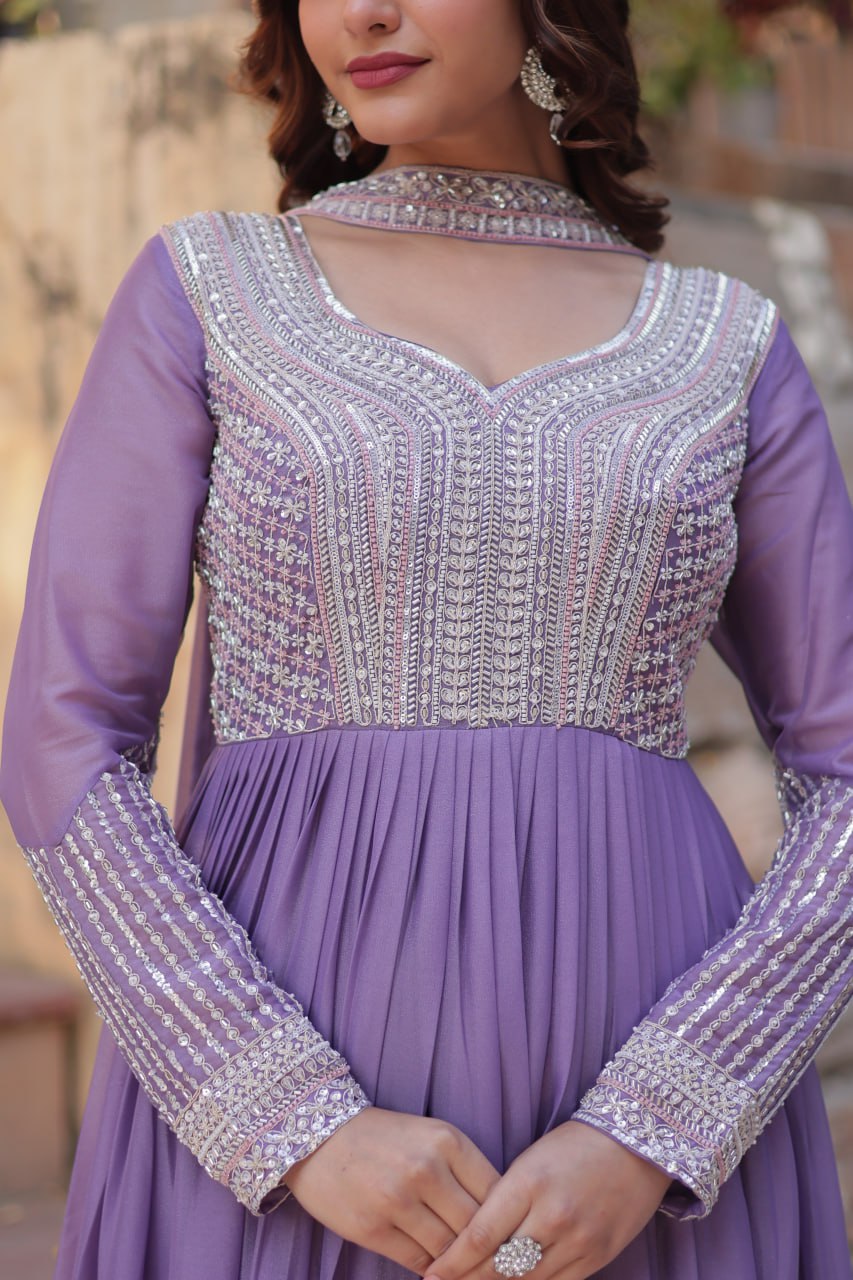 Star Georgette with Embroidery Beads Sequins Pieces Purple Color