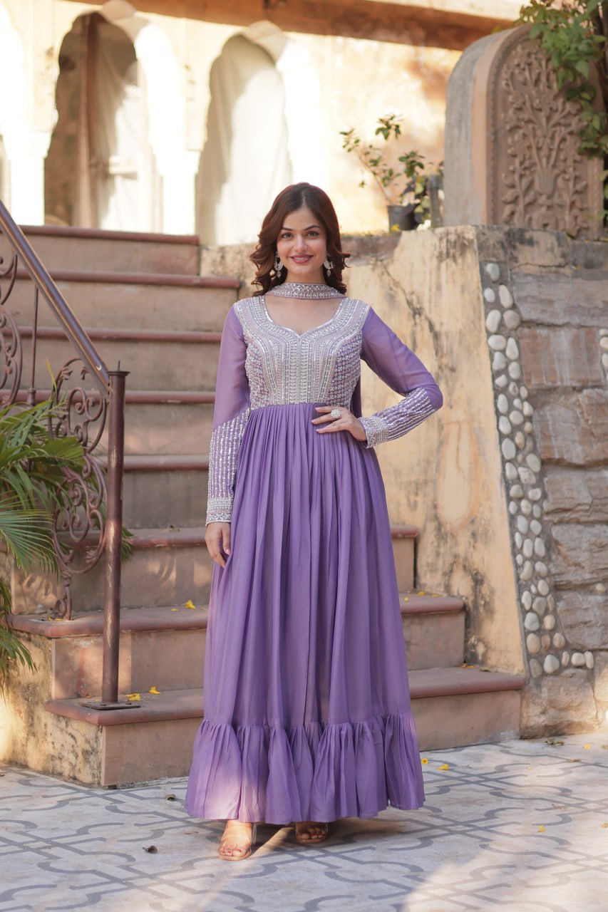 Star Georgette with Embroidery Beads Sequins Pieces Purple Color