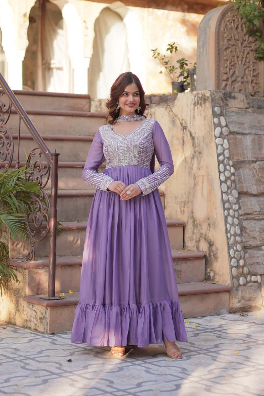 Star Georgette with Embroidery Beads Sequins Pieces Purple Color