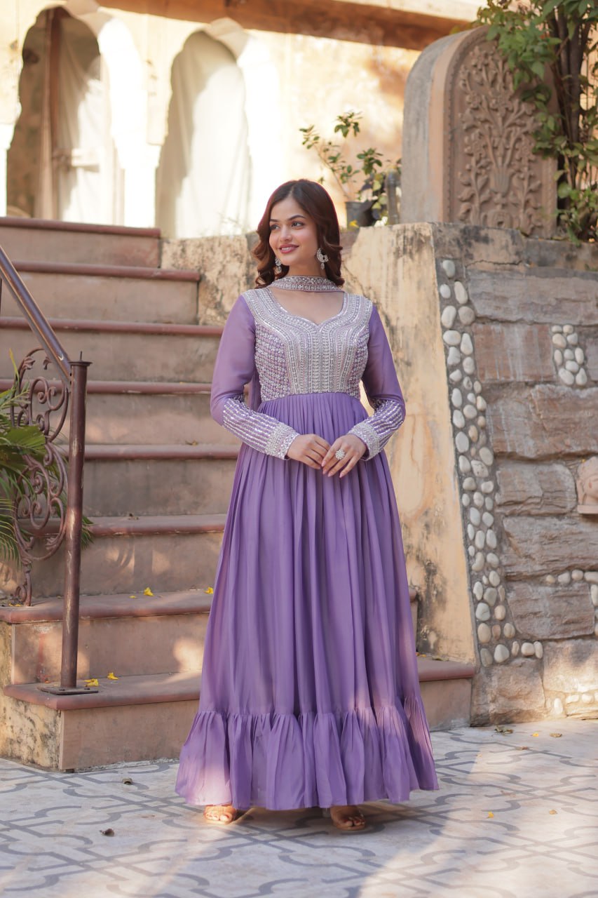 Star Georgette with Embroidery Beads Sequins Pieces Purple Color
