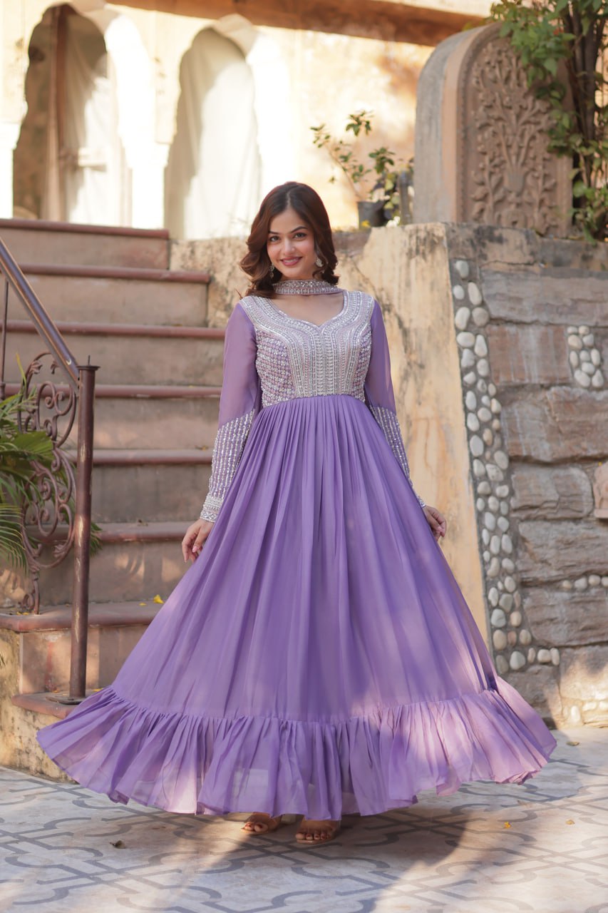 Star Georgette with Embroidery Beads Sequins Pieces Purple Color