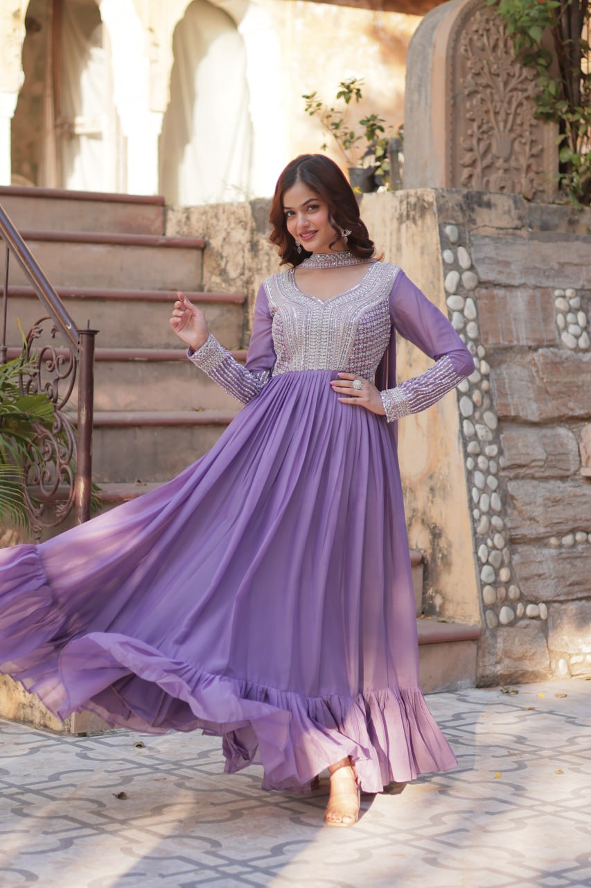 Star Georgette with Embroidery Beads Sequins Pieces Purple Color