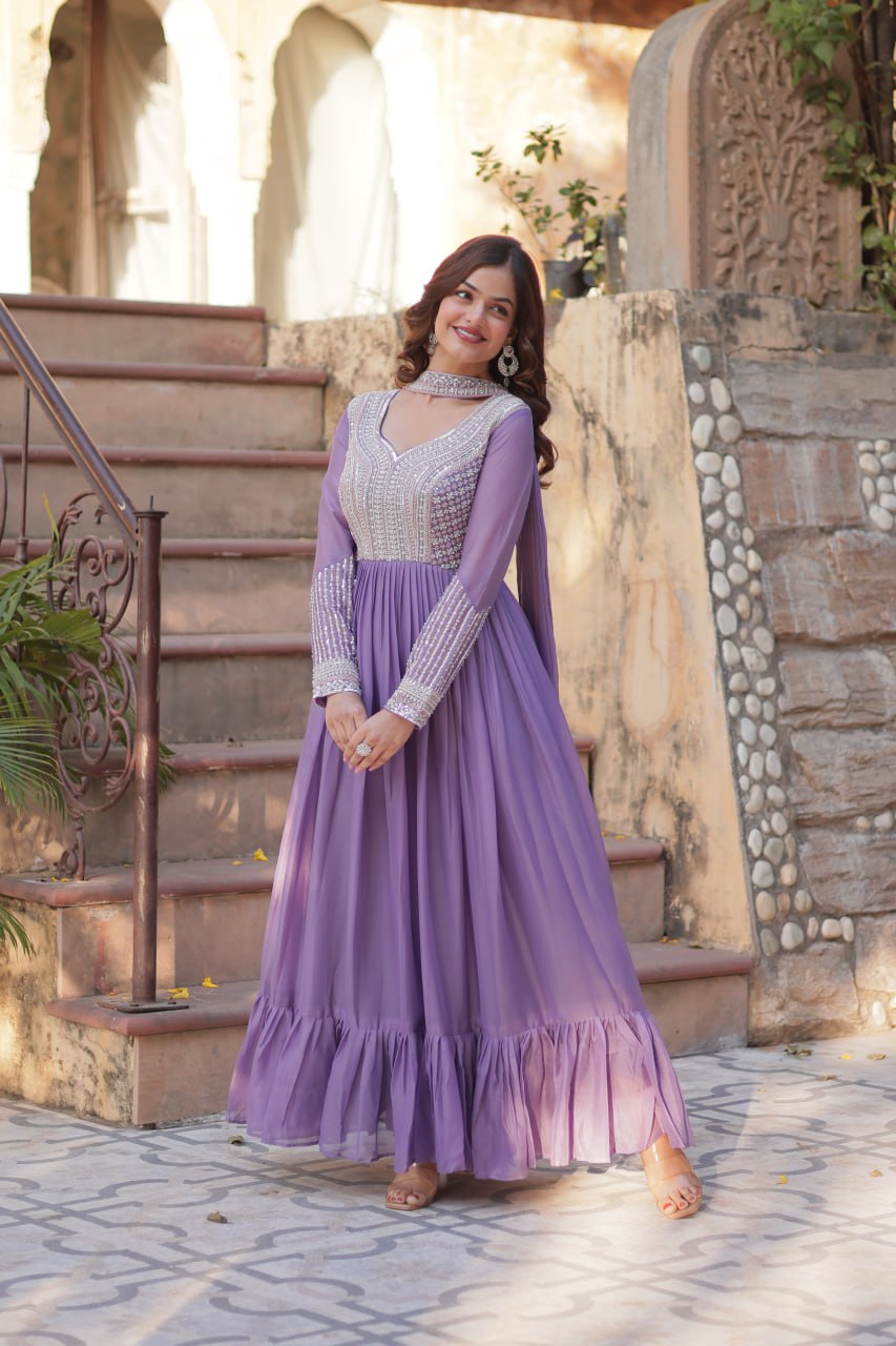 Star Georgette with Embroidery Beads Sequins Pieces Purple Color