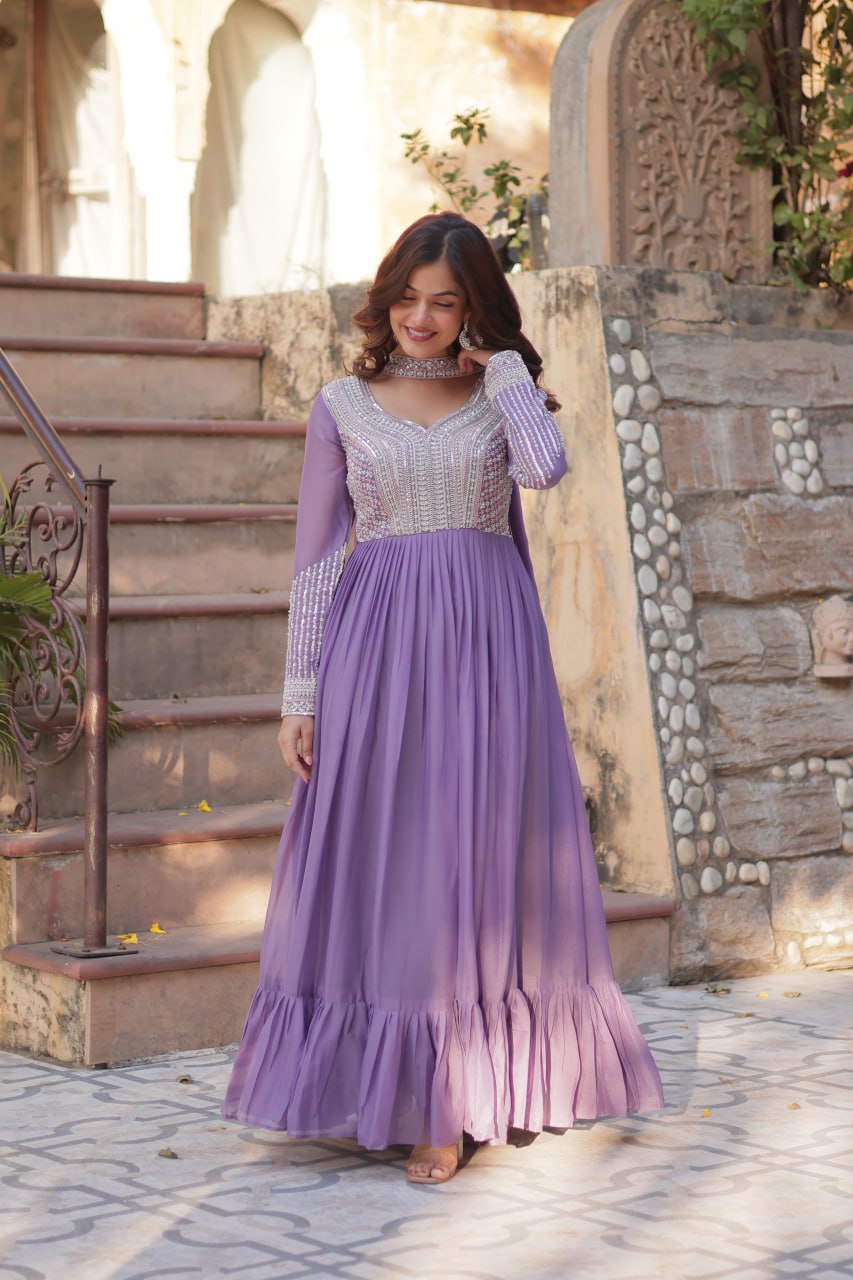 Star Georgette with Embroidery Beads Sequins Pieces Purple Color