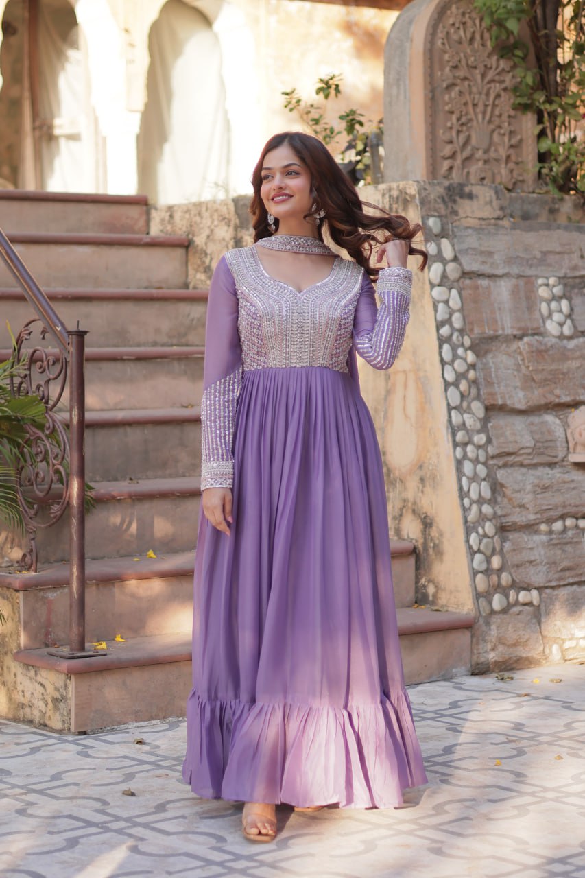 Star Georgette with Embroidery Beads Sequins Pieces Purple Color