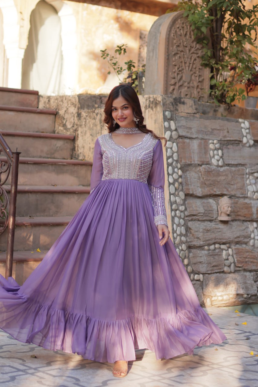 Star Georgette with Embroidery Beads Sequins Pieces Purple Color