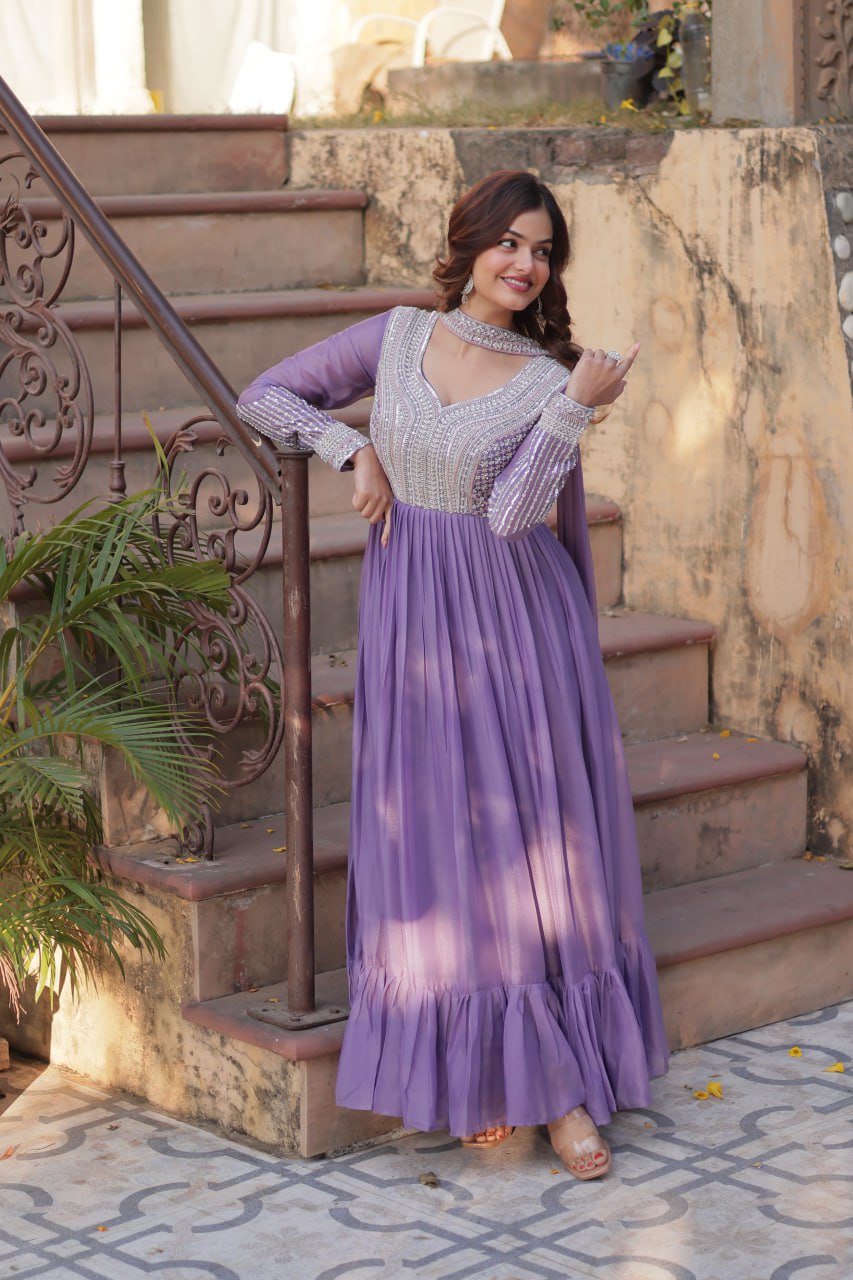 Star Georgette with Embroidery Beads Sequins Pieces Purple Color