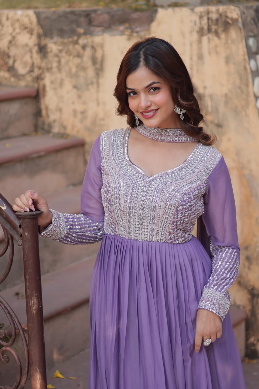Star Georgette with Embroidery Beads Sequins Pieces Purple Color