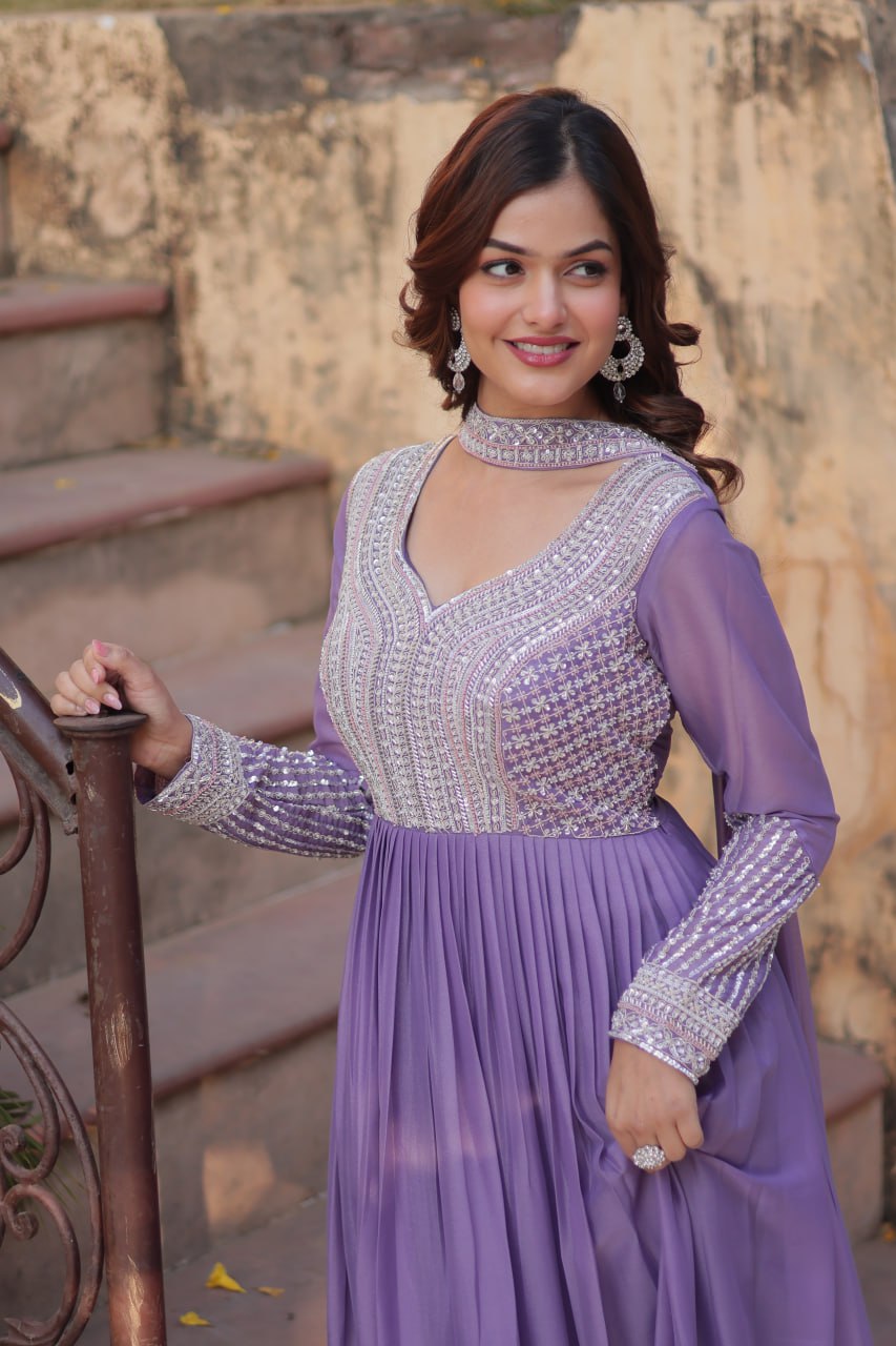 Star Georgette with Embroidery Beads Sequins Pieces Purple Color