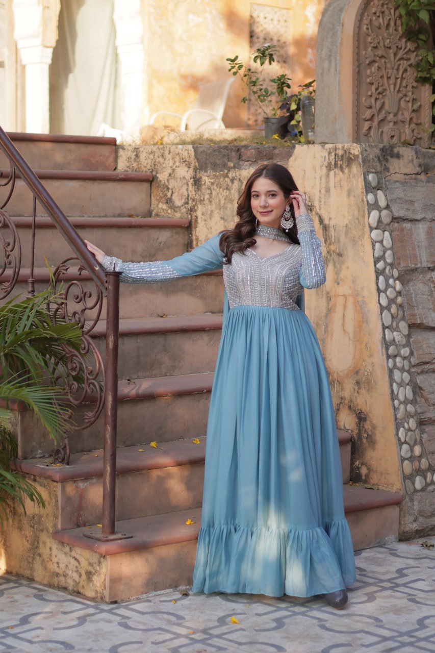 Star Georgette with Embroidery Beads Sequins Pieces Blue Color