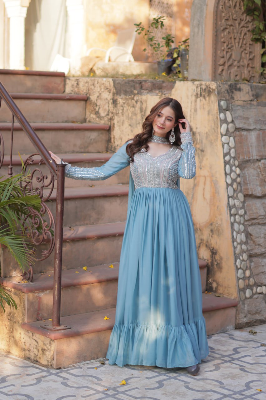 Star Georgette with Embroidery Beads Sequins Pieces Blue Color