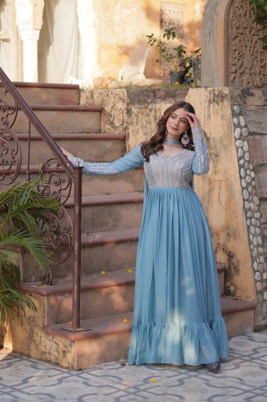 Star Georgette with Embroidery Beads Sequins Pieces Blue Color