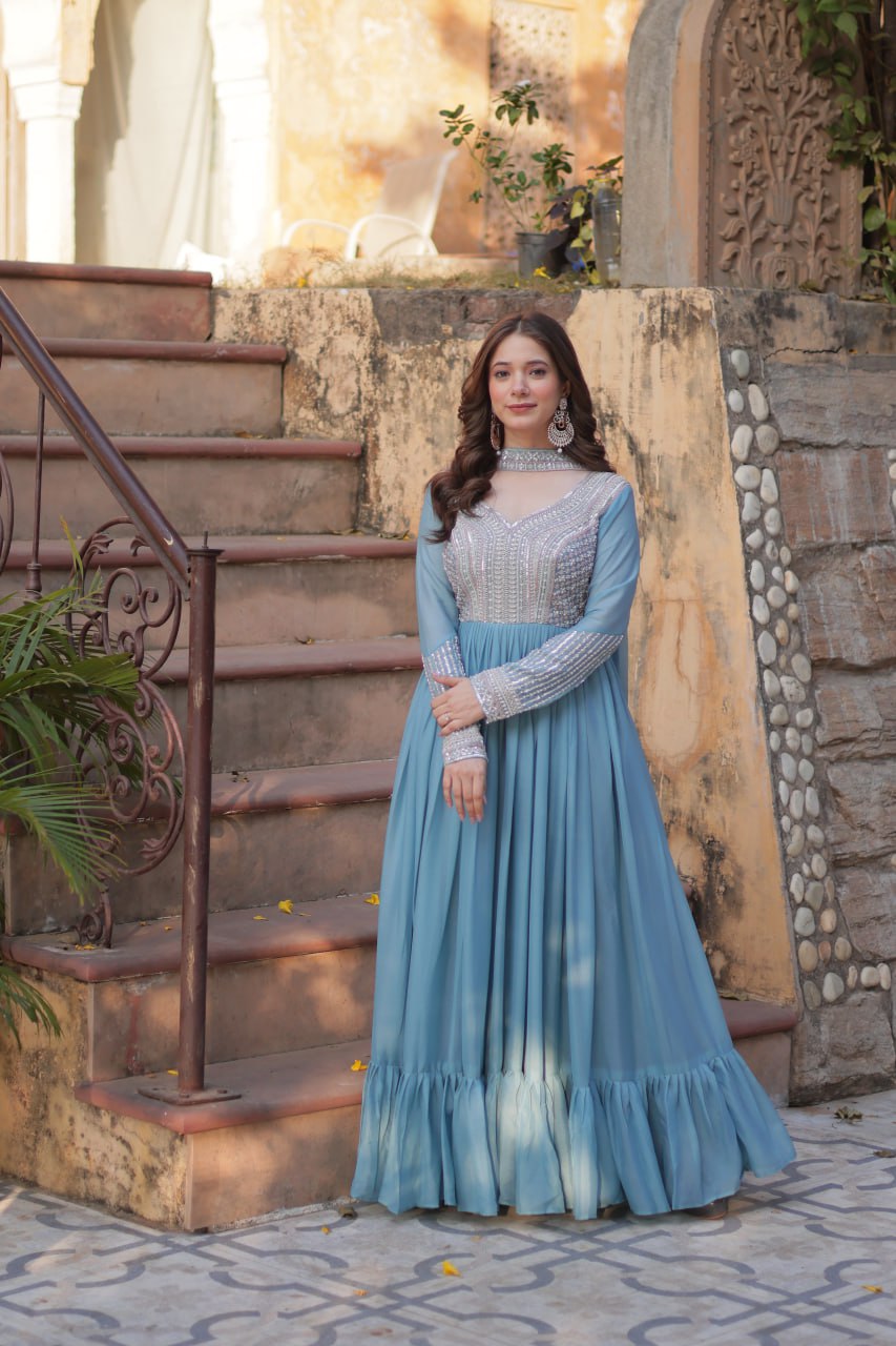 Star Georgette with Embroidery Beads Sequins Pieces Blue Color