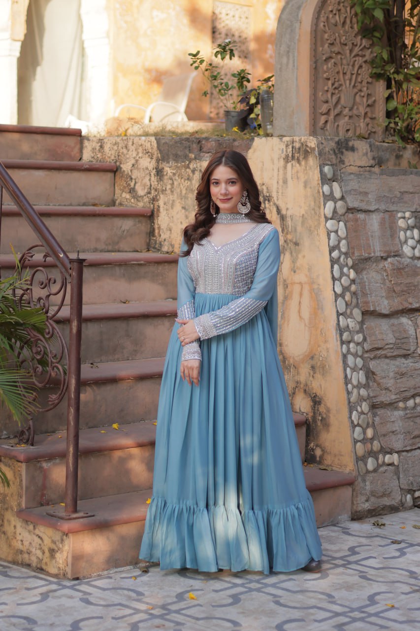 Star Georgette with Embroidery Beads Sequins Pieces Blue Color