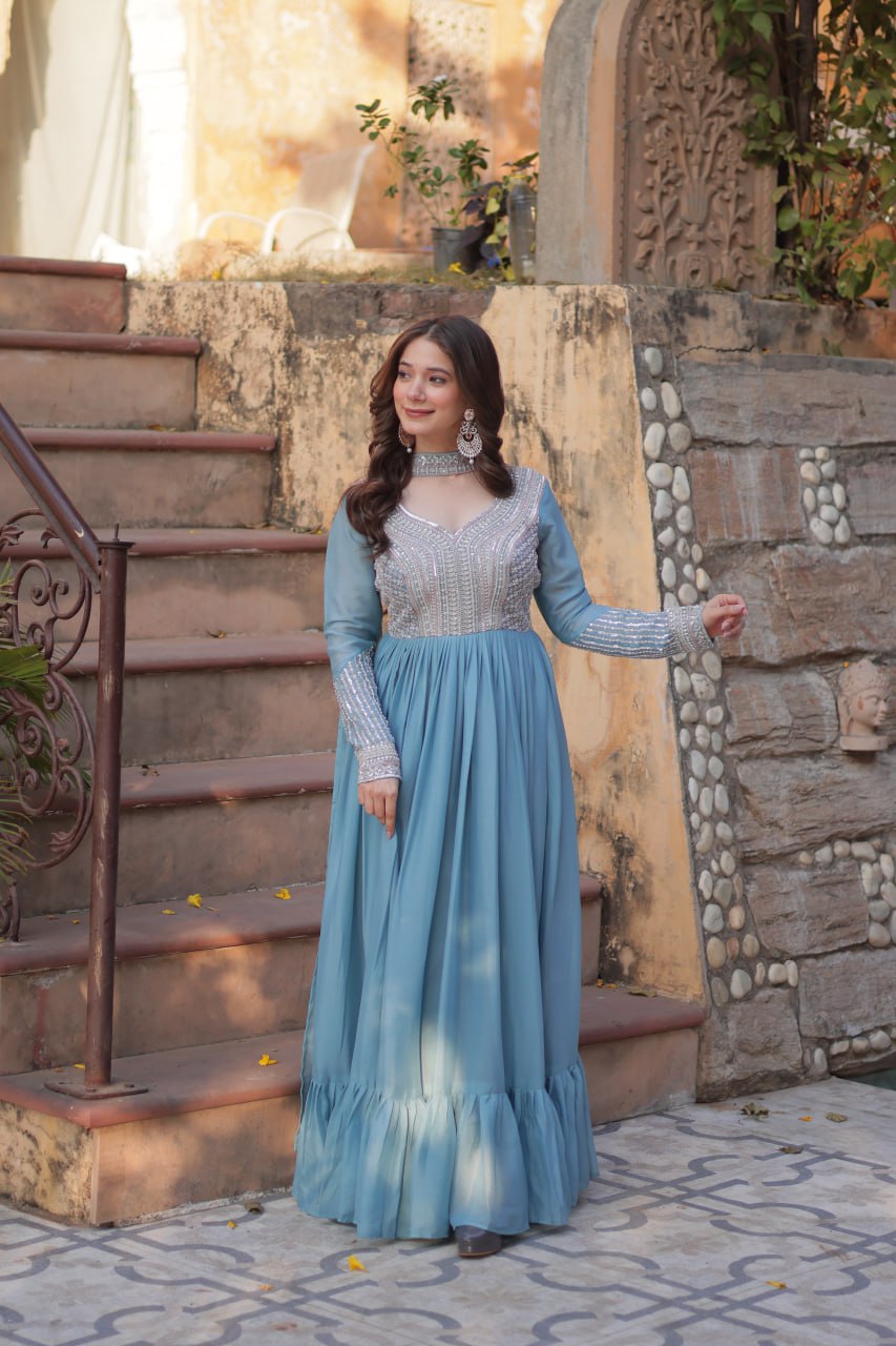 Star Georgette with Embroidery Beads Sequins Pieces Blue Color