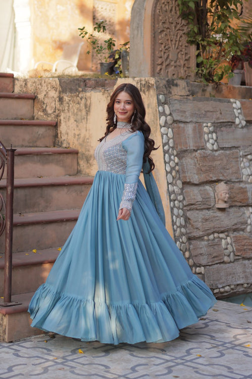 Star Georgette with Embroidery Beads Sequins Pieces Blue Color