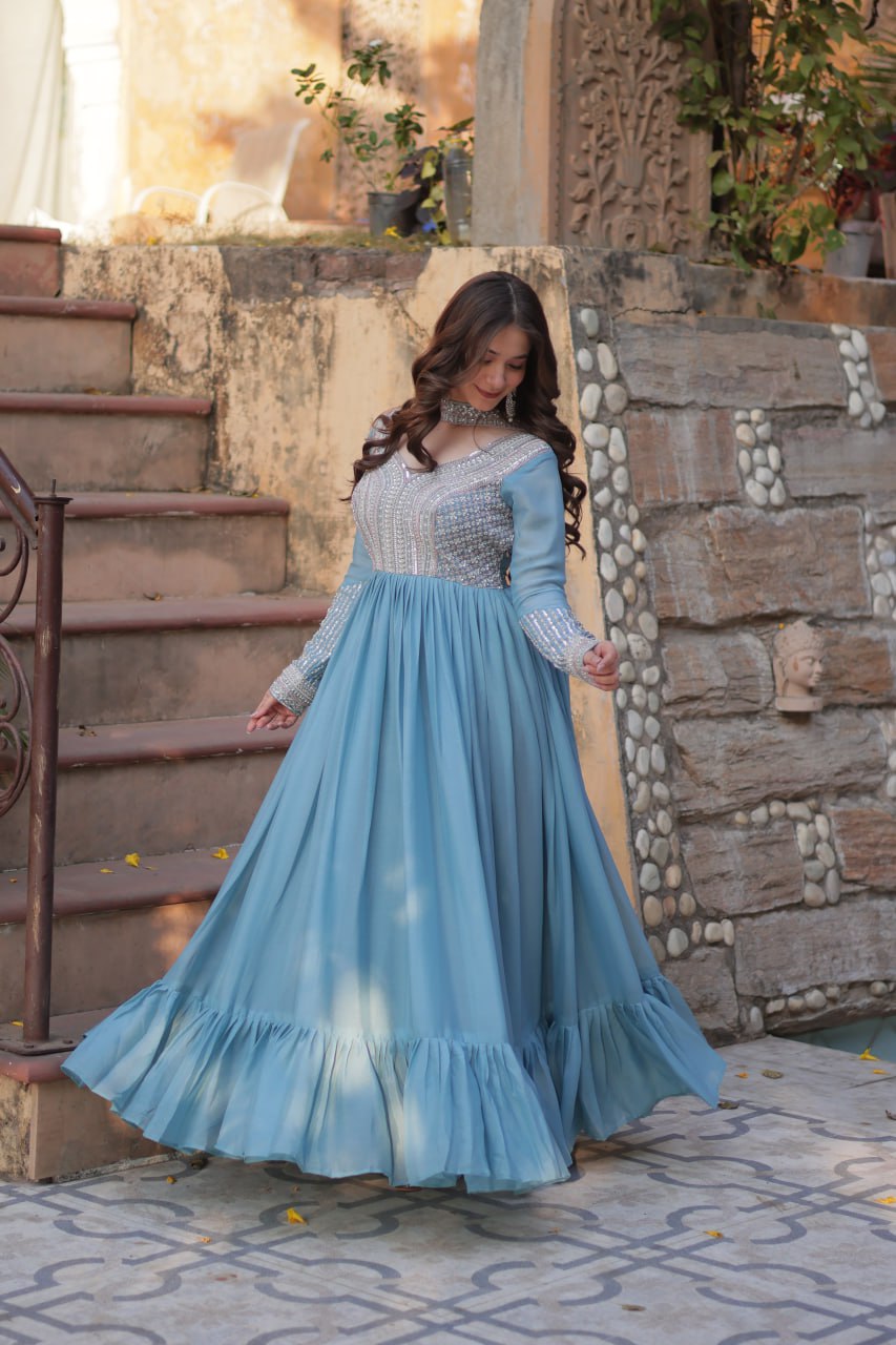 Star Georgette with Embroidery Beads Sequins Pieces Blue Color