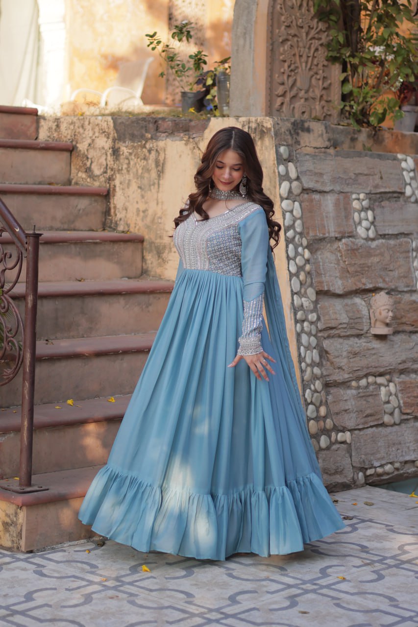 Star Georgette with Embroidery Beads Sequins Pieces Blue Color