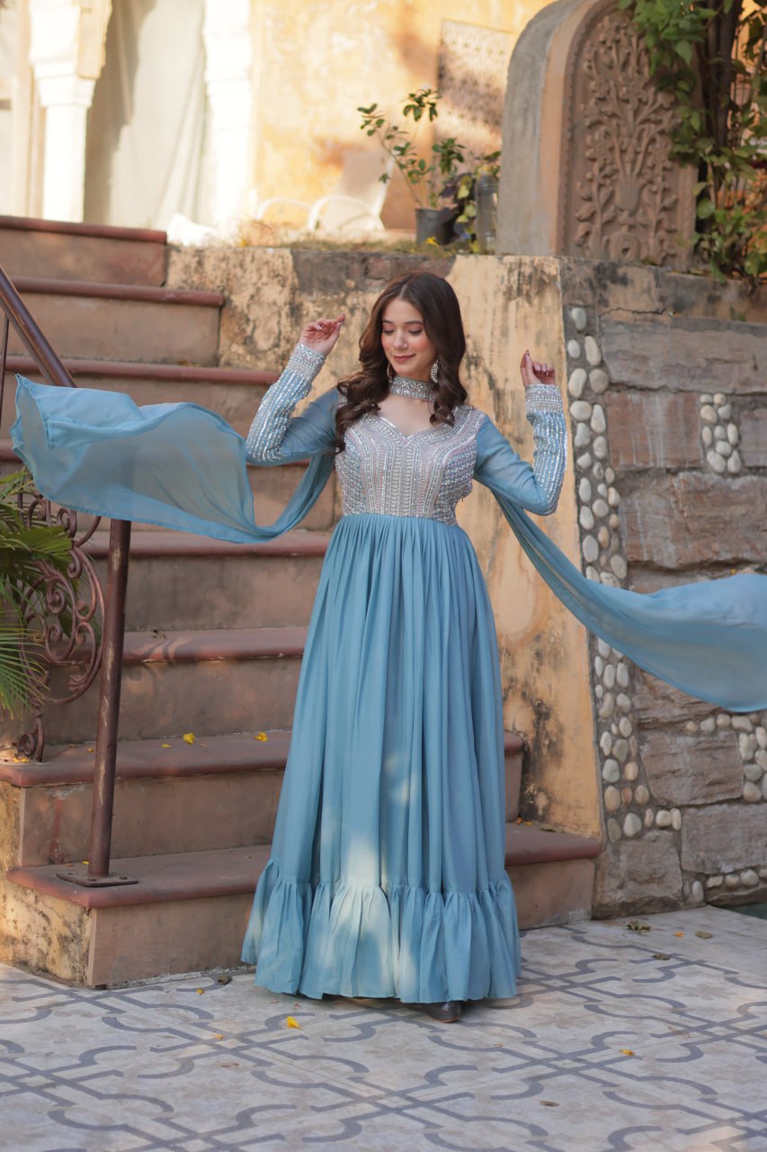 Star Georgette with Embroidery Beads Sequins Pieces Blue Color