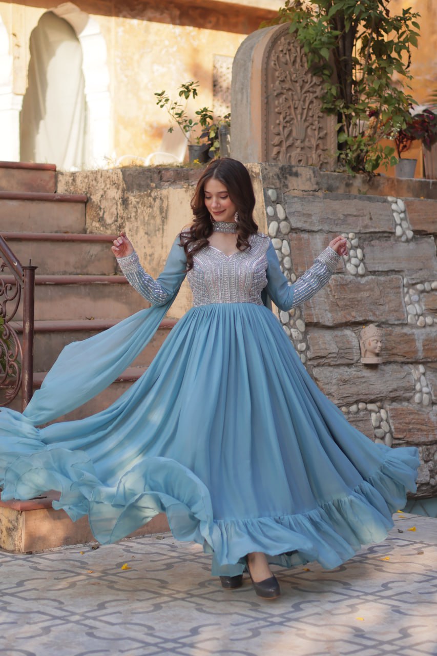 Star Georgette with Embroidery Beads Sequins Pieces Blue Color