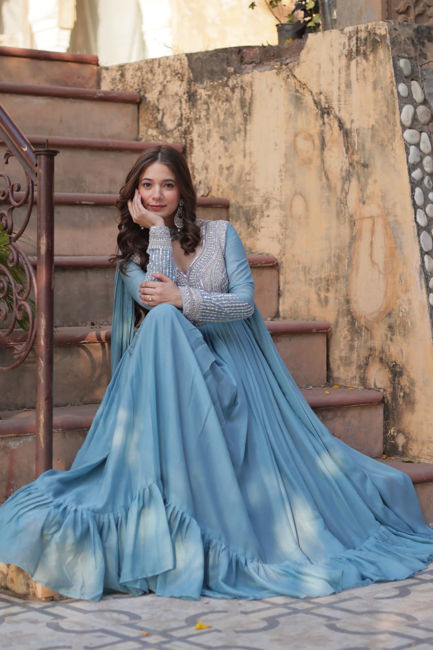 Star Georgette with Embroidery Beads Sequins Pieces Blue Color