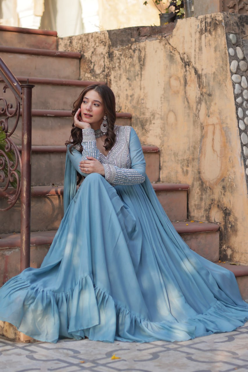 Star Georgette with Embroidery Beads Sequins Pieces Blue Color