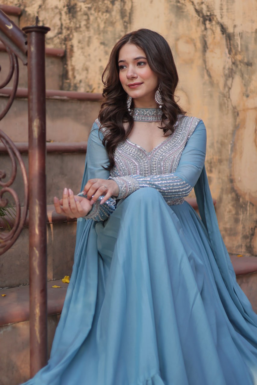 Star Georgette with Embroidery Beads Sequins Pieces Blue Color