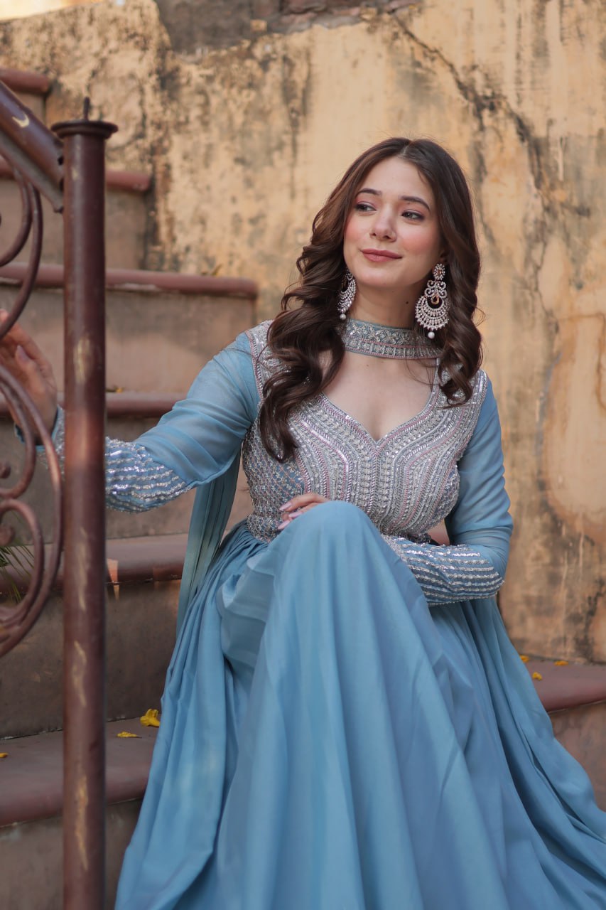 Star Georgette with Embroidery Beads Sequins Pieces Blue Color