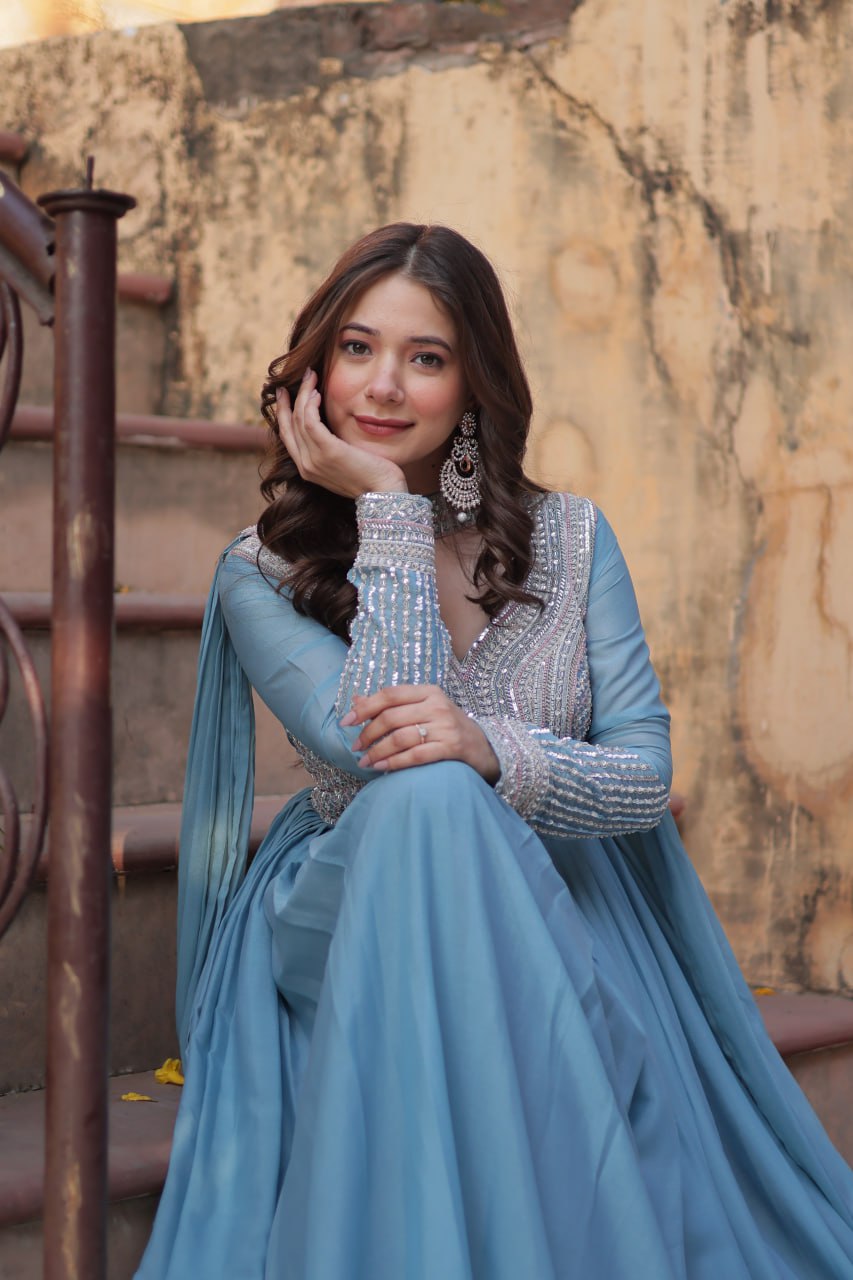 Star Georgette with Embroidery Beads Sequins Pieces Blue Color