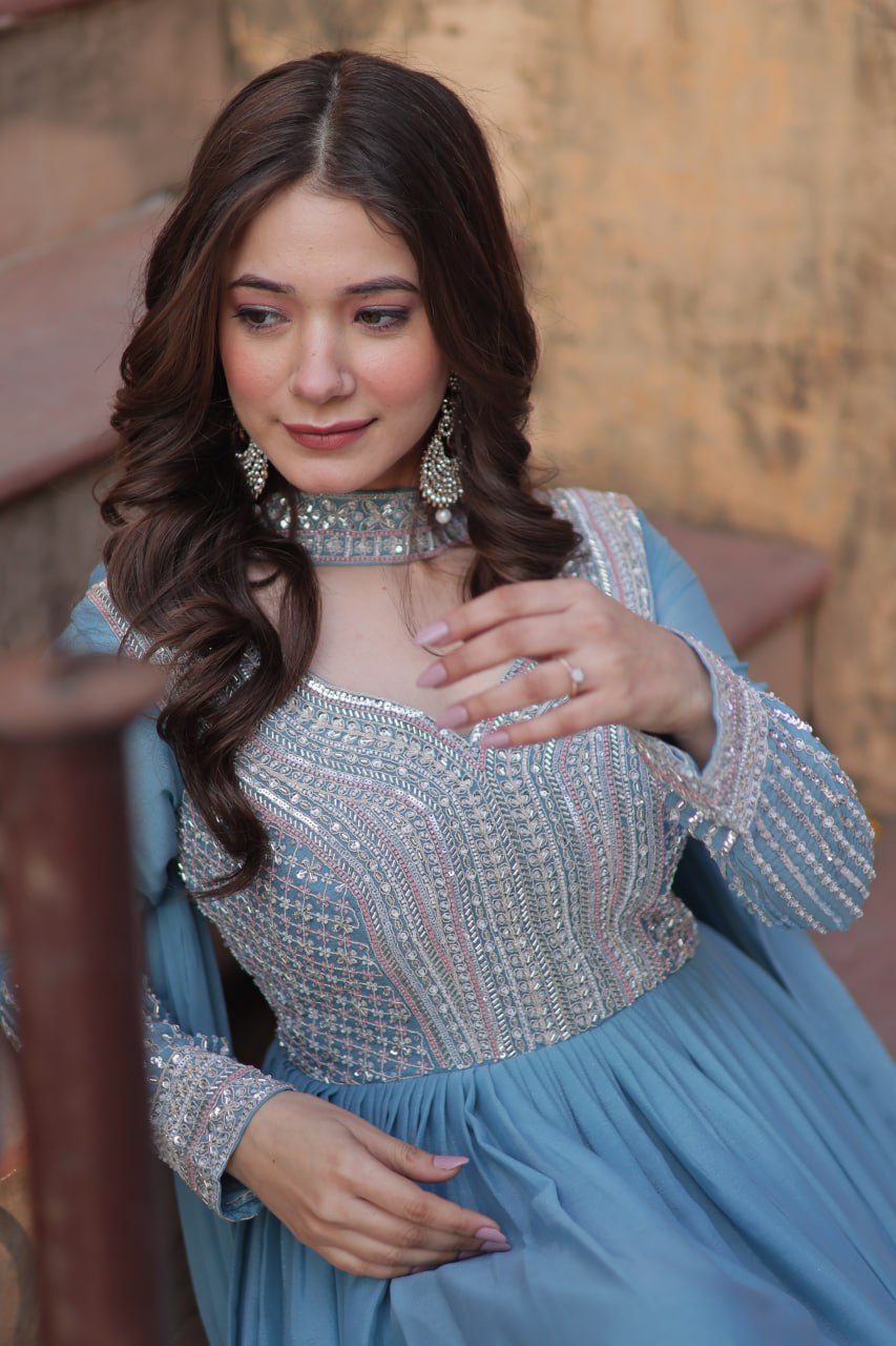 Star Georgette with Embroidery Beads Sequins Pieces Blue Color