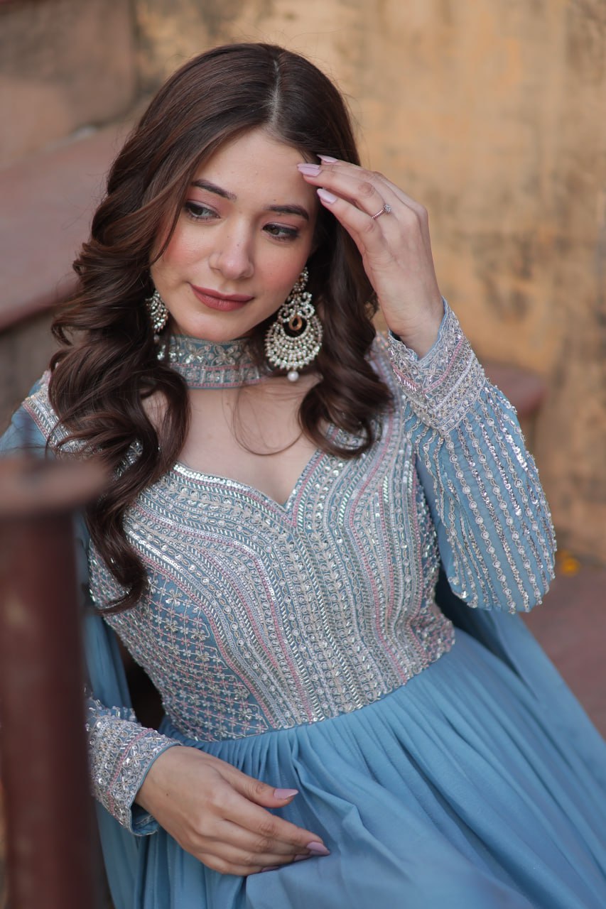 Star Georgette with Embroidery Beads Sequins Pieces Blue Color