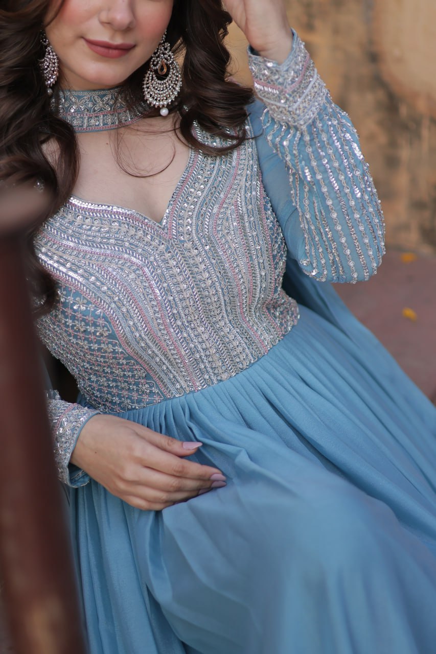Star Georgette with Embroidery Beads Sequins Pieces Blue Color