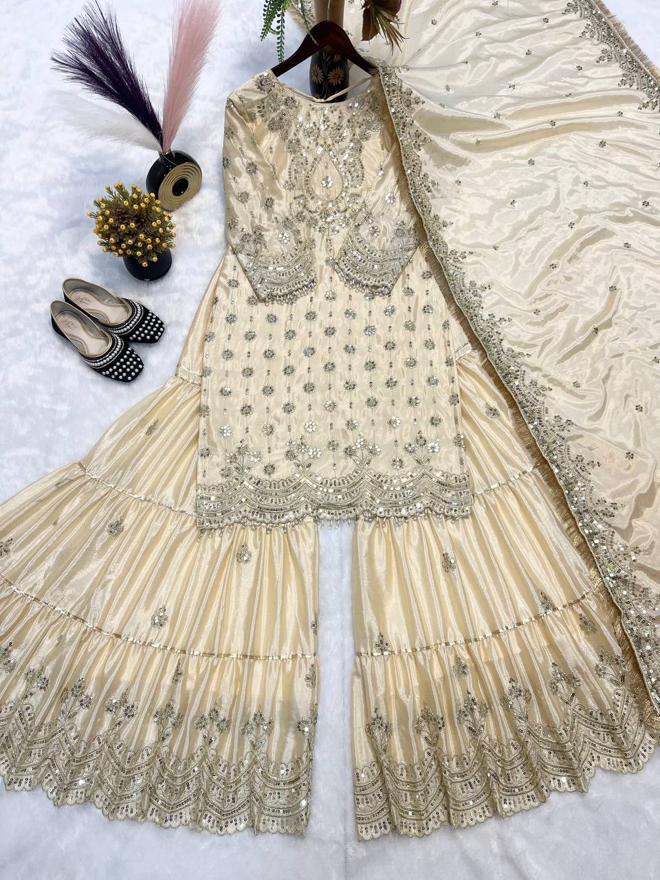 Elegant Heavy Chinon Suit with Sequin Embroidery & Latkan Dori