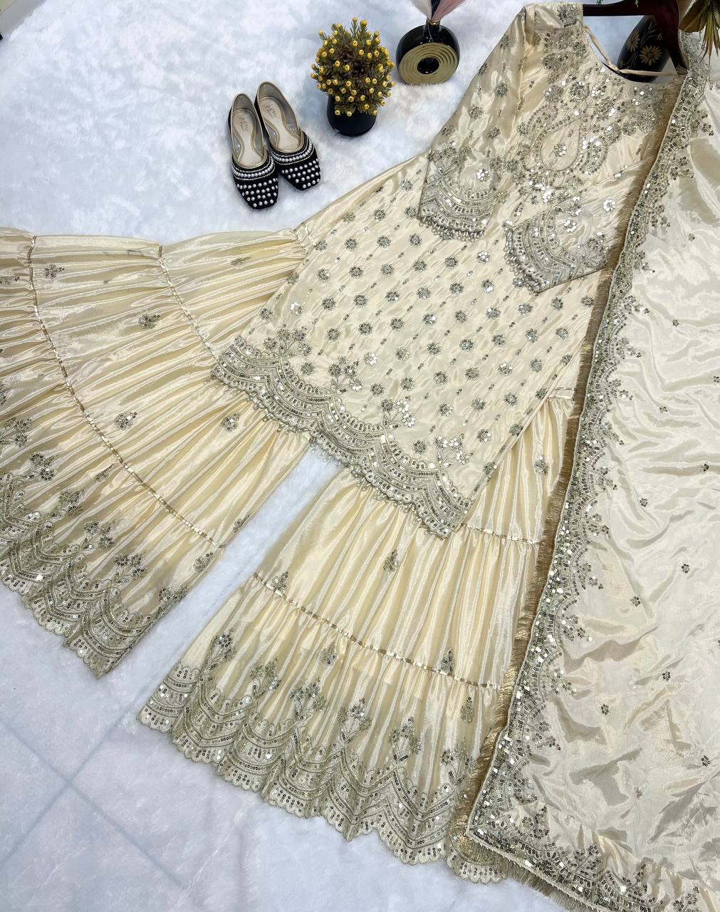 Elegant Heavy Chinon Suit with Sequin Embroidery & Latkan Dori