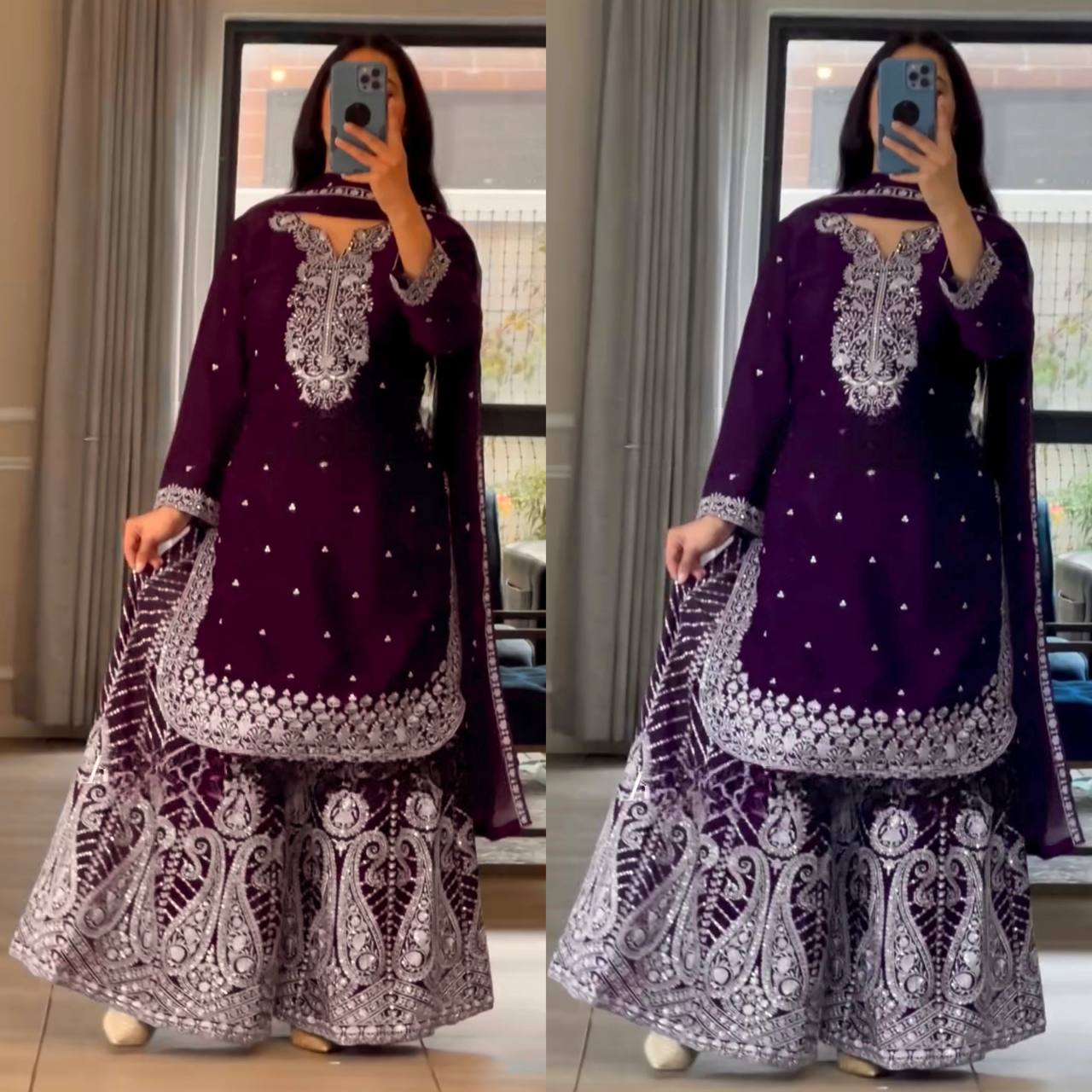 Ethnic Heavy Embroidered Chinon Silk Suit with Fancy Borders & Sharara Plazzo
