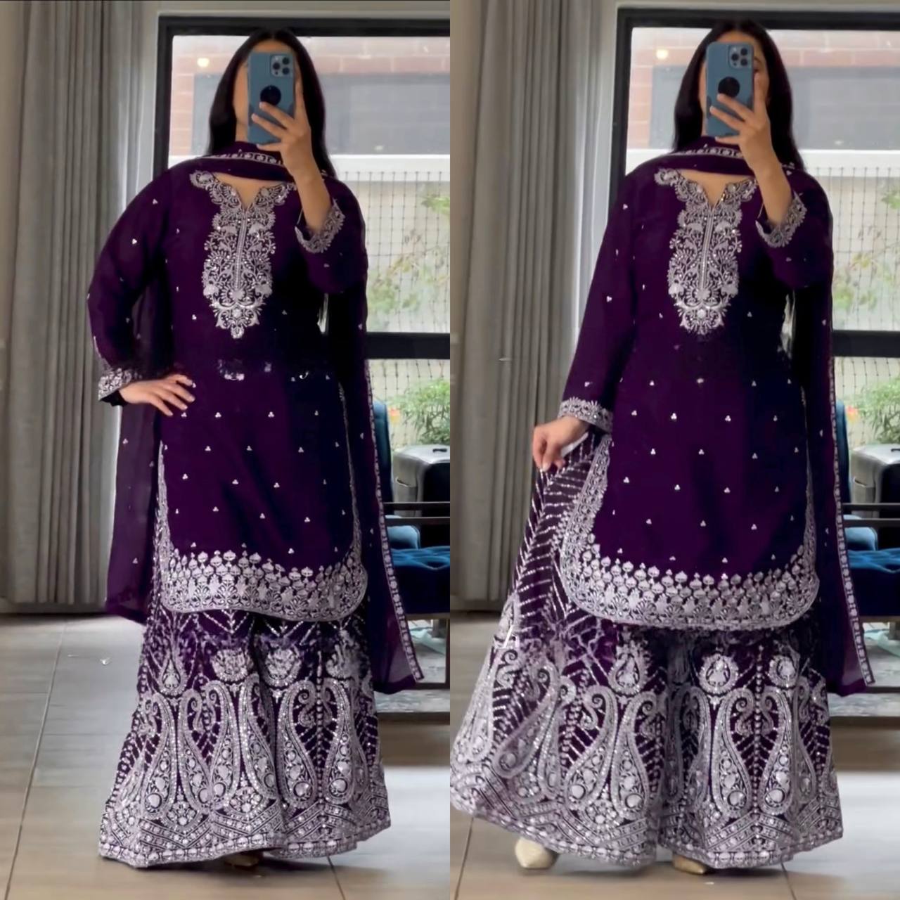Ethnic Heavy Embroidered Chinon Silk Suit with Fancy Borders & Sharara Plazzo