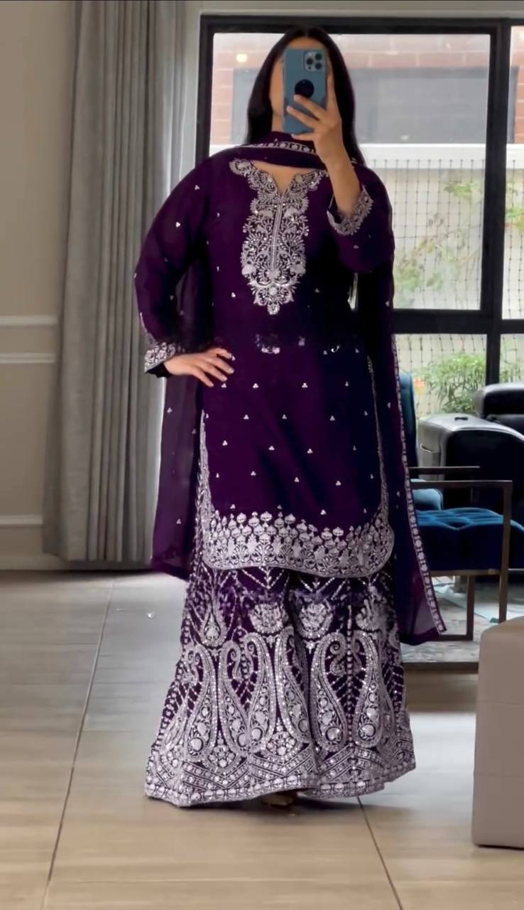 Ethnic Heavy Embroidered Chinon Silk Suit with Fancy Borders & Sharara Plazzo
