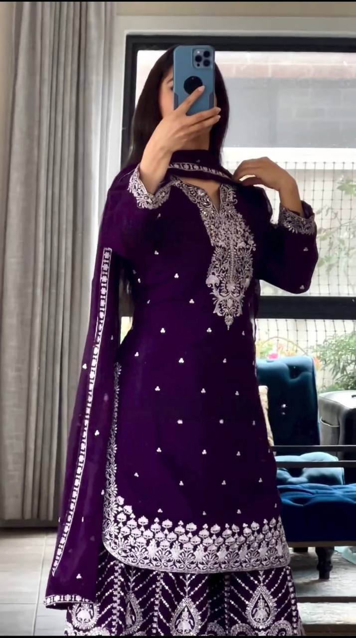 Ethnic Heavy Embroidered Chinon Silk Suit with Fancy Borders & Sharara Plazzo