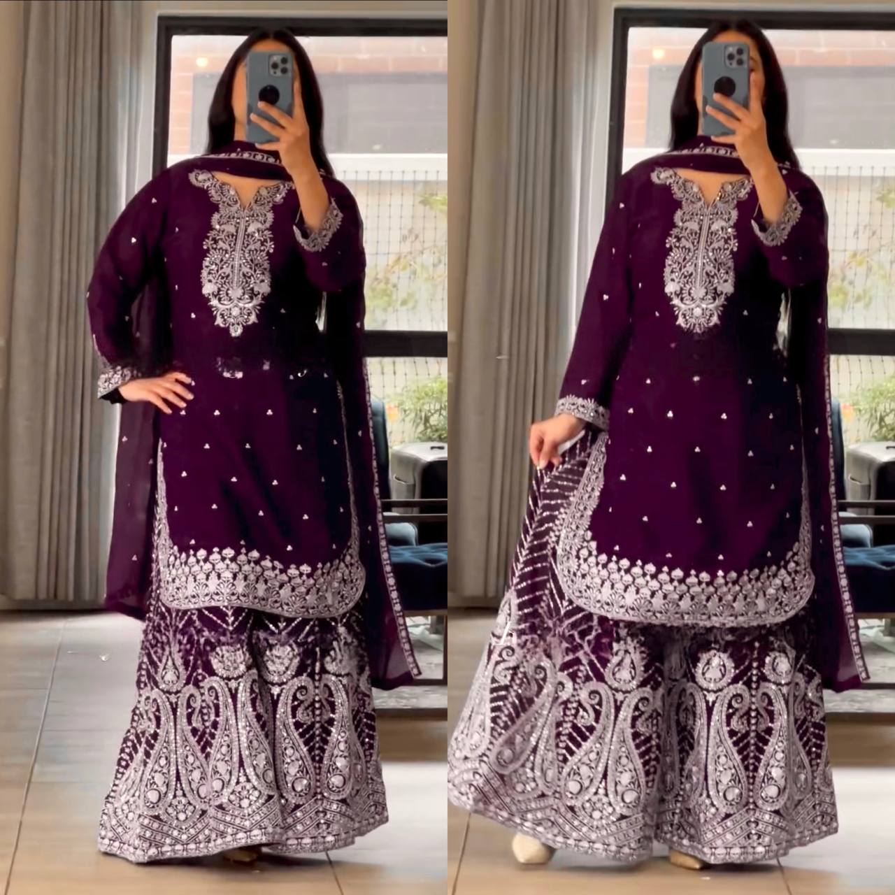 Ethnic Heavy Embroidered Chinon Silk Suit with Fancy Borders & Sharara Plazzo