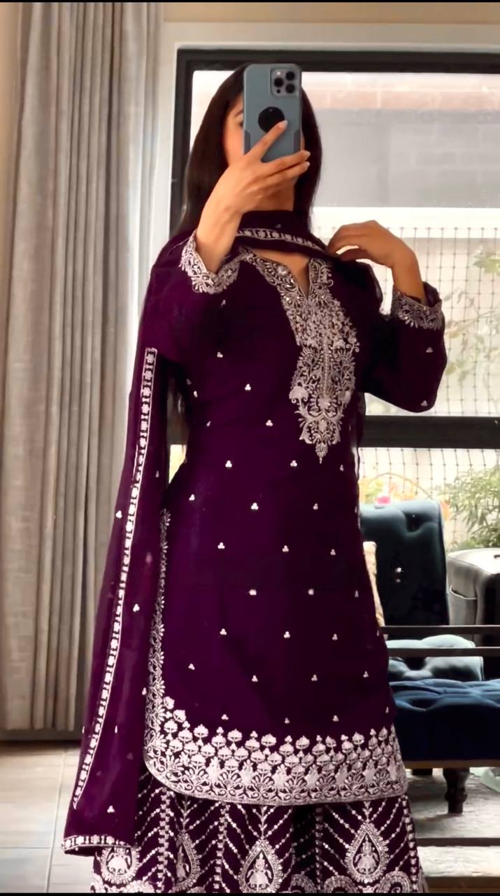 Ethnic Heavy Embroidered Chinon Silk Suit with Fancy Borders & Sharara Plazzo